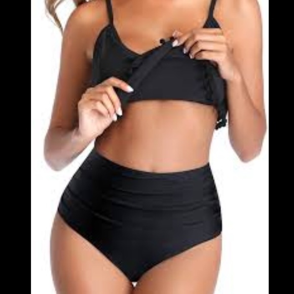 Tempt Me Two Piece High Waisted Bikini Ruffle Swimsuit Flounce Pom Pom Trim - Picture 4 of 5
